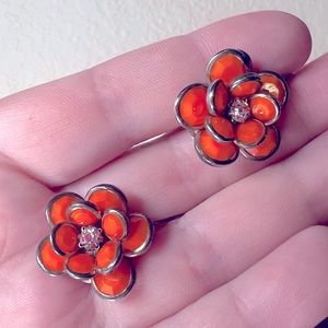 Vintage Orange Flower, CZ and Brass Earrings, Hinge Back, Costume Jewelry, Estat